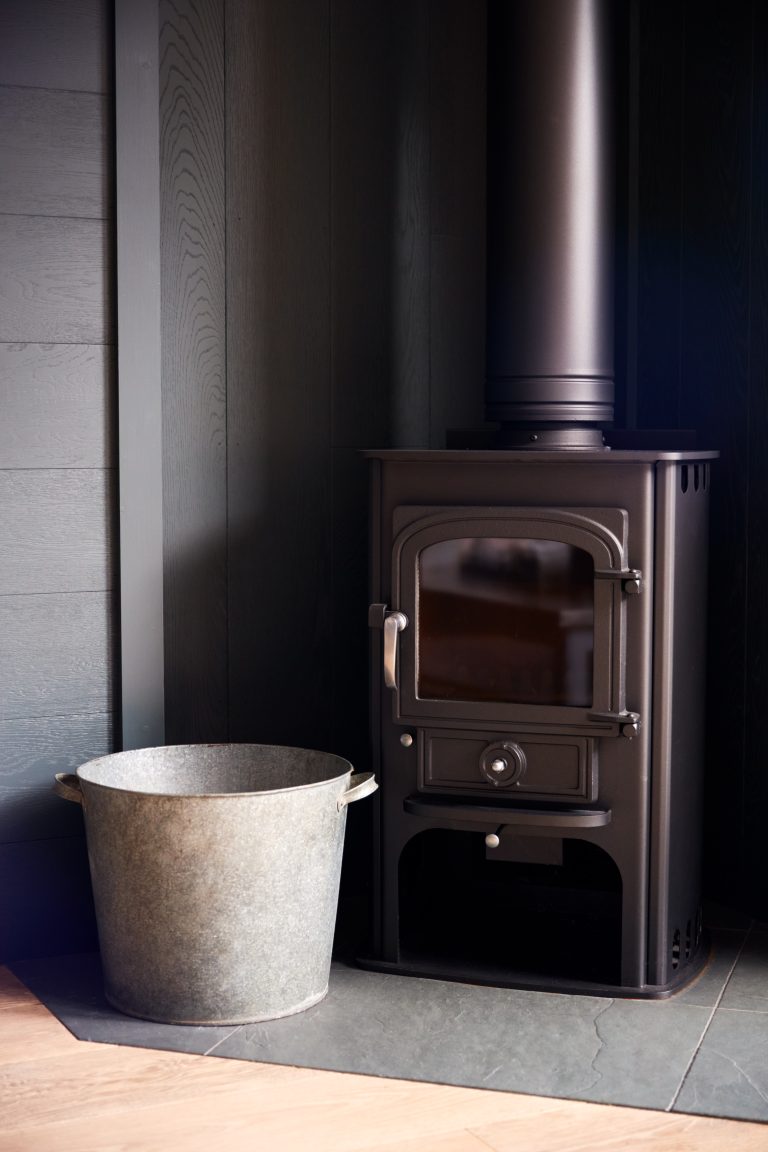 Small compact wood burning stove, cubic mini style