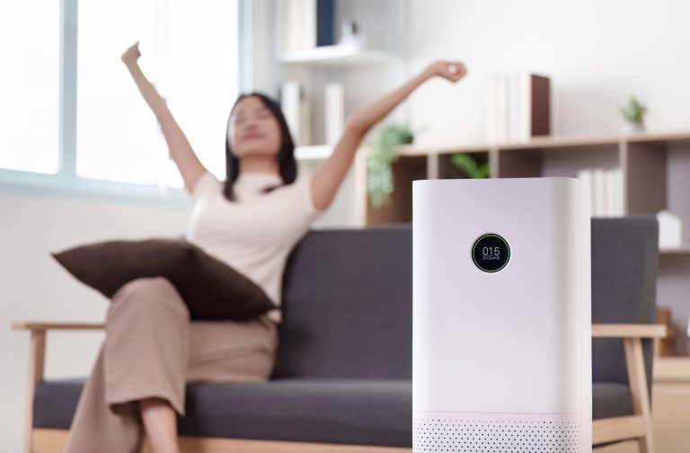 Air purifier in a home with a relaxed owner