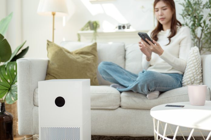 Air purifier in a bright living room