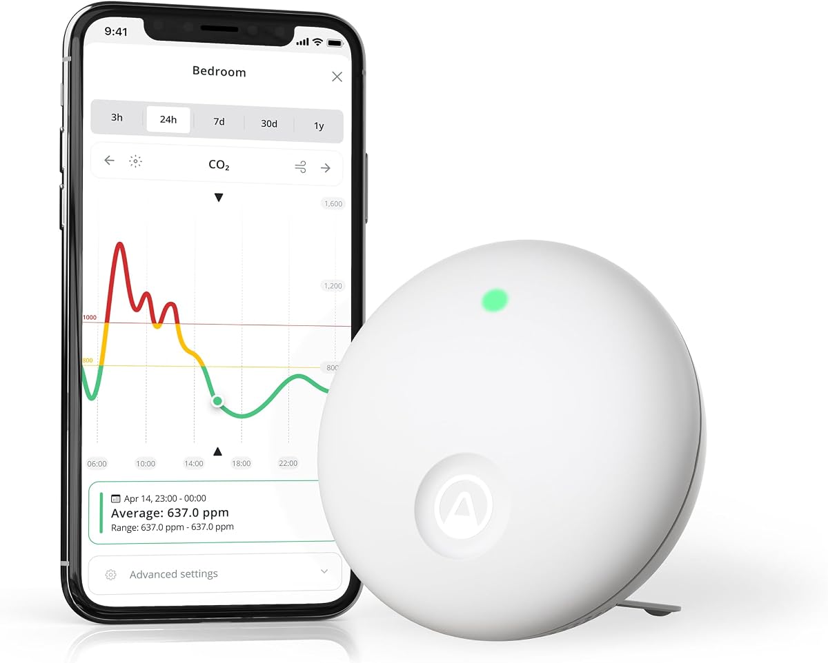 airthings wave enhance co2 monitor Airthings Wave Enhance CO2 monitor for bedrooms with noise and light sensors