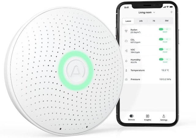 Airthings Wave Plus battery-powered radon and air quality monitor on a shelf