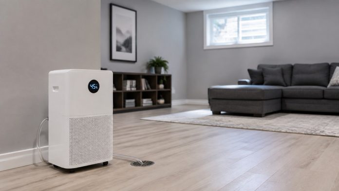 A 50-pint dehumidifier draining to a floor drain in a finished basement living room