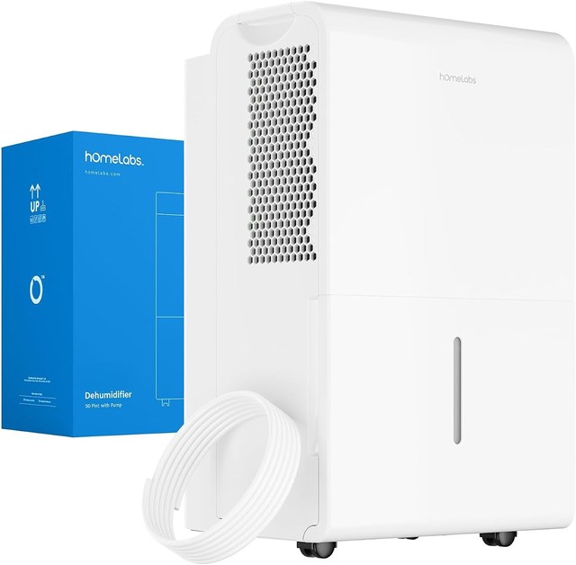 hOmeLabs 50 Pint dehumidifier with built-in pump for a basement