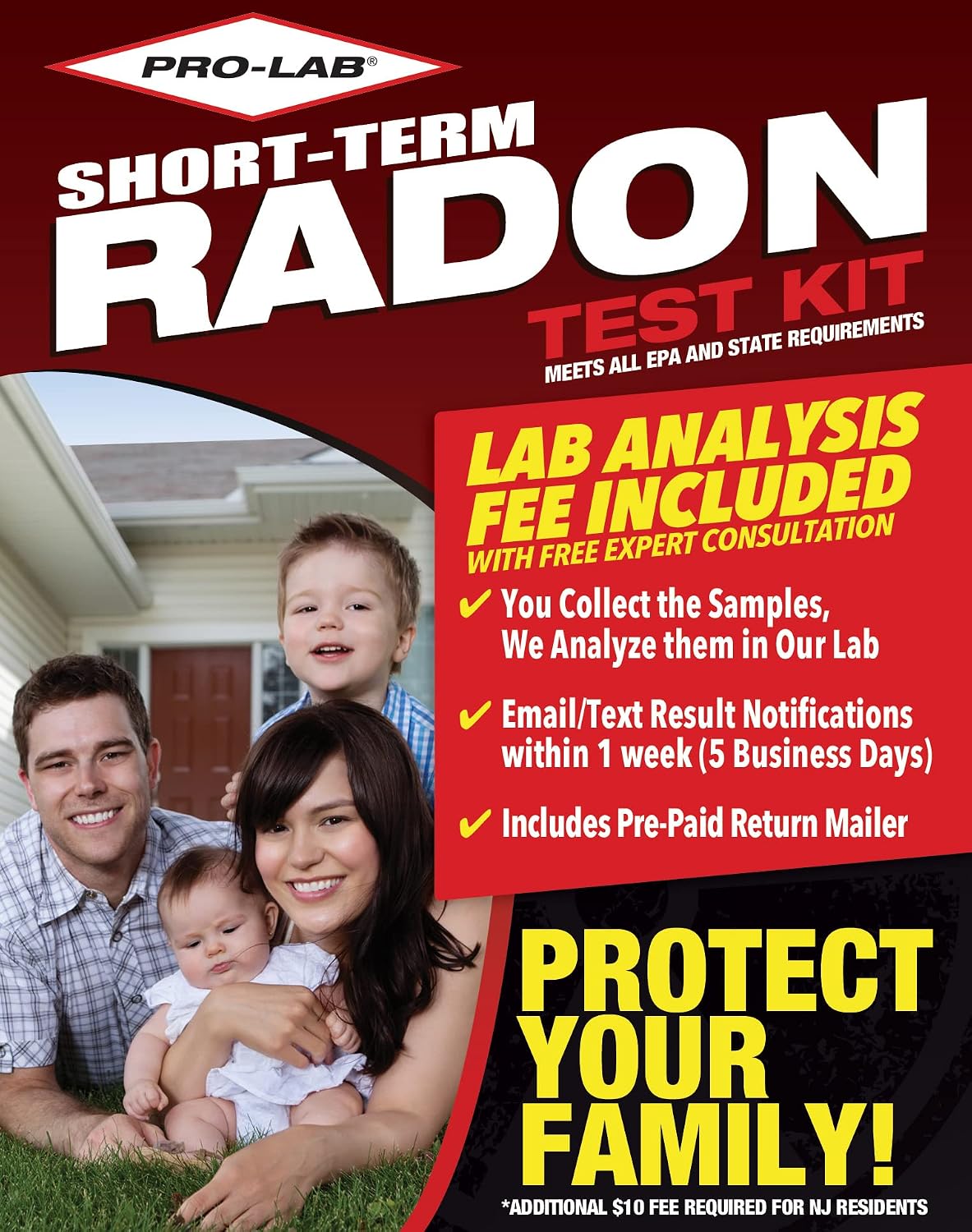 PRO-LAB EPA-approved short-term radon test kit box with two detectors and prepaid lab mailer