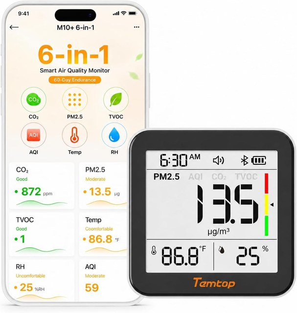 Temtop M10+ compact indoor air quality monitor showing CO2 and PM2.5 on an e-ink display