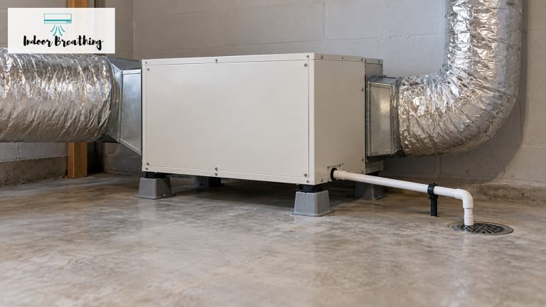 Crawl space dehumidifier on feet draining to a floor drain in a basement