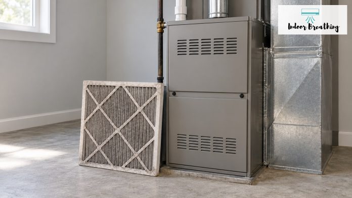 Dusty furnace filter leaning against a gas furnace