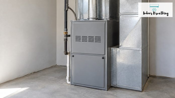 Gas furnace in a basement utility room with ductwork