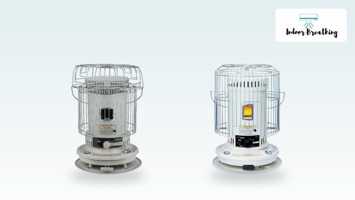 Indoor kerosene heater with fuel can stored safely