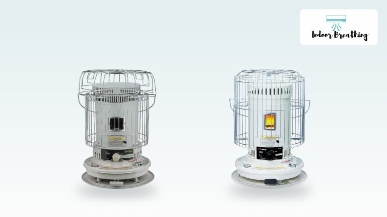 Indoor kerosene heater with fuel can stored safely