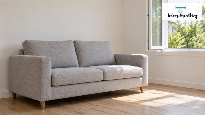 New gray sofa in a bright room beside an open window