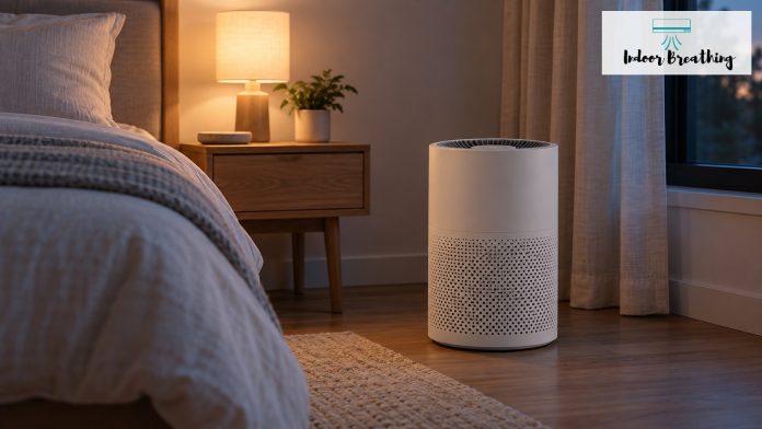 Quiet air purifier on a bedroom floor beside a nightstand at dusk