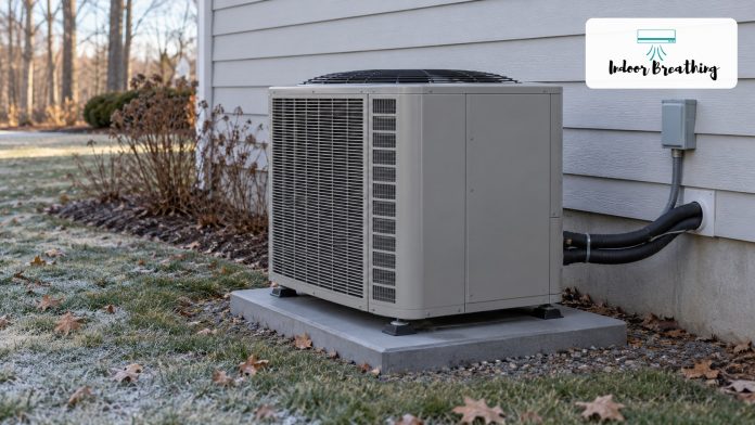 Outdoor heat pump unit beside a house on a frosty morning